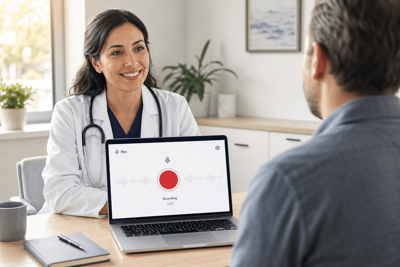 Physician speaking with a patient while a recording session runs on a laptop